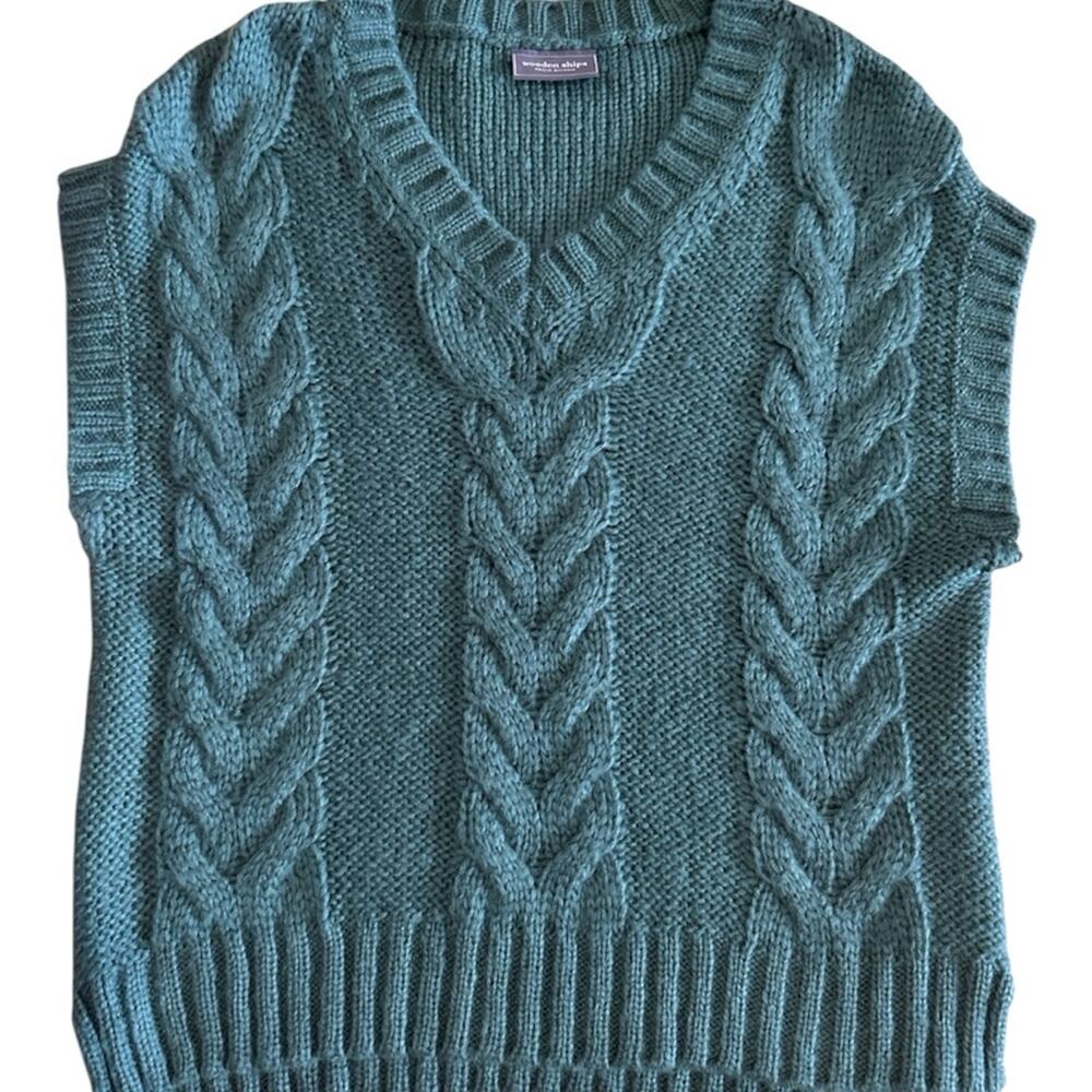 Wooden Ships Teal Cable Knit V-Neck Sweater Vest oversized mohair blend. Sm